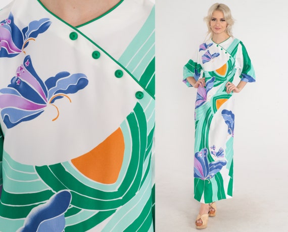 70s Butterfly Dress Maxi Dress Long Asian Japanese Wide Sleeve Groovy Print Festival White Green Purple Caftan Button Up Vintage 1970s XS