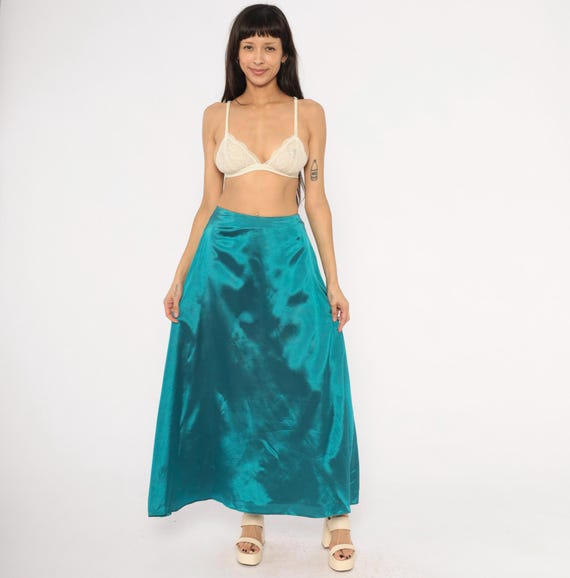 Teal Satin Maxi Skirt 90s A Line Floor Length High Waist Jewel Tone Cyan Evening Formal Party Vintage Ankle Length Turquoise Flowy Small S
