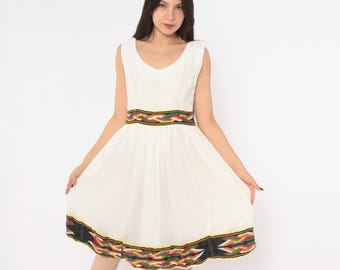 90s White Gauze Dress Ethiopian Habesha Embroidered Tibeb Trim Sleeveless Multicolor Woven Band Folk Summer Bohemian Vintage Medium M