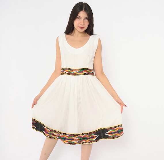 90s White Gauze Dress Ethiopian Habesha Embroidered Tibeb Trim Sleeveless Multicolor Woven Band Folk Summer Bohemian Vintage Medium M