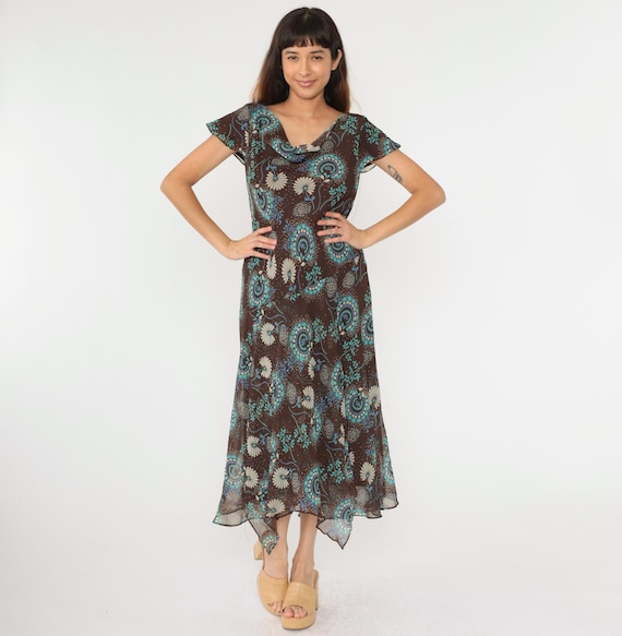 Vintage Y2K Brown Floral Dress Asymmetrical Dress Cowl Neck Short Flutter Sleeve Drop Waist Hanky Hem Midi Large 14
