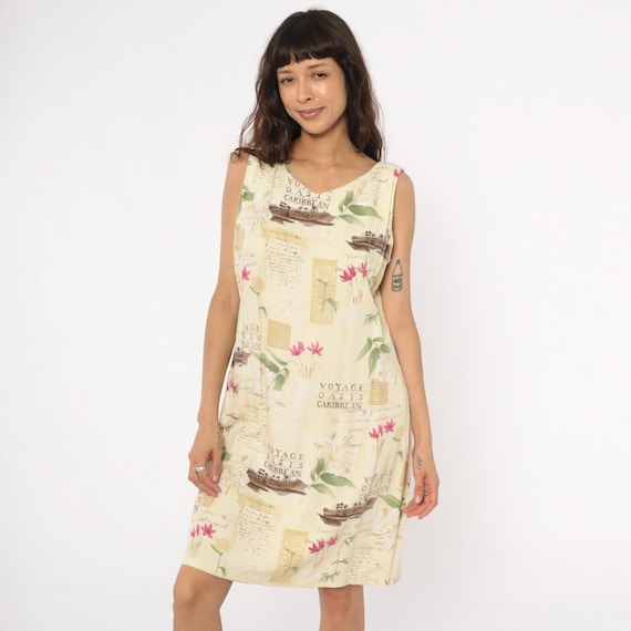 90s Tropical Dress Cream Floral Sleeveless Caribbean Postcard Print Shift Summer Vacation Resort Wear Palm Leaf Ivory Beige Extra Large XL