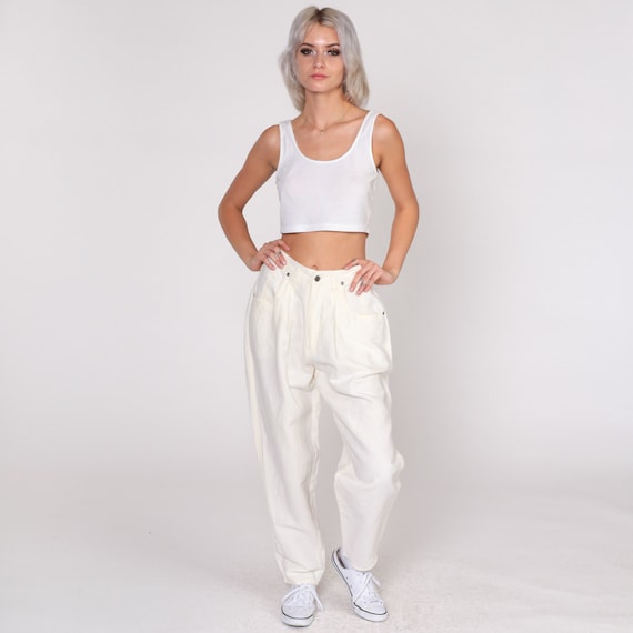 Cream Pleated Pants 80s Trousers Linen Blend High Waisted Rise Straight Tapered Leg Slacks Basic Plain Baggy Preppy Vintage 1980s Small S 28