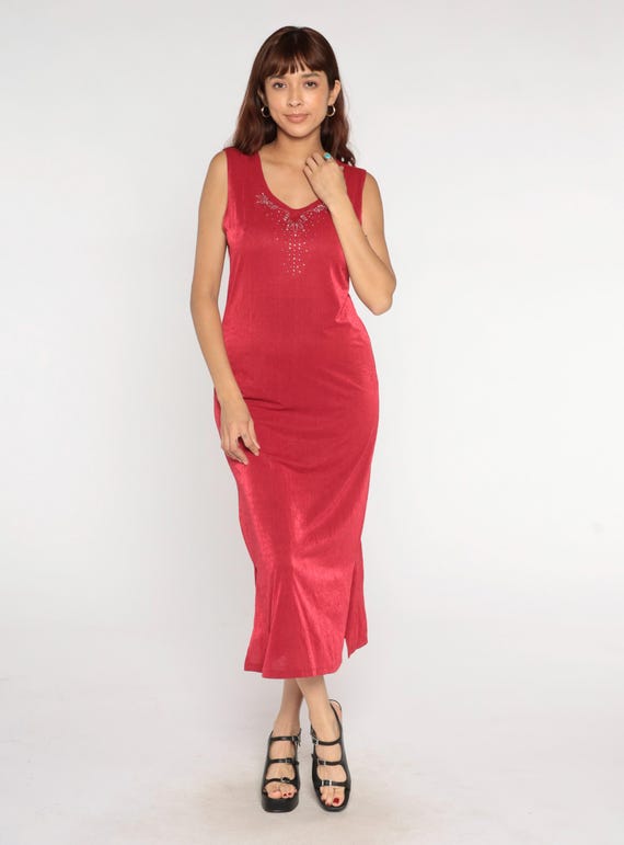 Red Party Dress 90s Rhinestone Embellished V Neck Sleeveless Bodycon Fitted Side Slit Stretchy Vintage Party Evening Cocktail Club Medium M