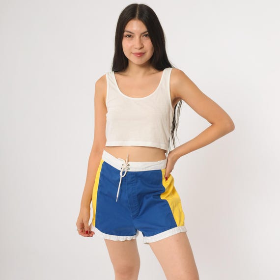 80s Jantzen Shorts Blue Yellow Gym Made In USA Vintage Athletic Wear Running Track Sport Swim Lace Front High Waisted Retro Active Large L