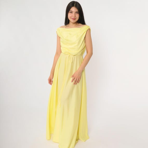 70s Yellow Dress Cowl Neckline Sleeveless Garden Party Summer Gown Flowing Skirt Back Drape Waist Tie Vintage Evening Disco Style Small S