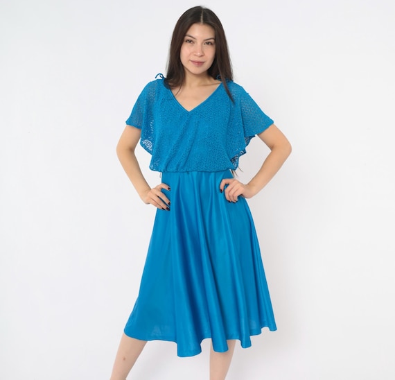 70s Cobalt Blue Dress Crochet Knit Blouson Bodice Flutter Sleeve V Neck Shoulder Tie A Line Flared Skirt Party Cocktail Vintage Small S