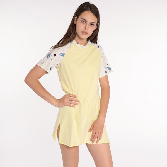 Vintage Outer Space Pajama Dress Rocket Ship Nightgown Celestial Galaxy Nightie 80s Graphic Retro Tshirt Mini Yellow Small