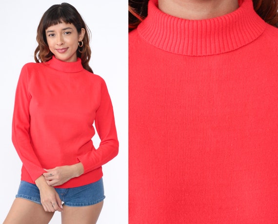 Neon Red Sweater 70s Turtleneck Sweater Lightweig… - image 1