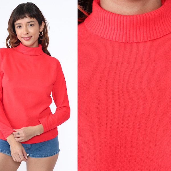 Neon Red Sweater 70s Turtleneck Sweater Lightweight Acrylic Raglan Sleeve Bright Red Pullover Jumper Vintage 1970s Plain Solid Small