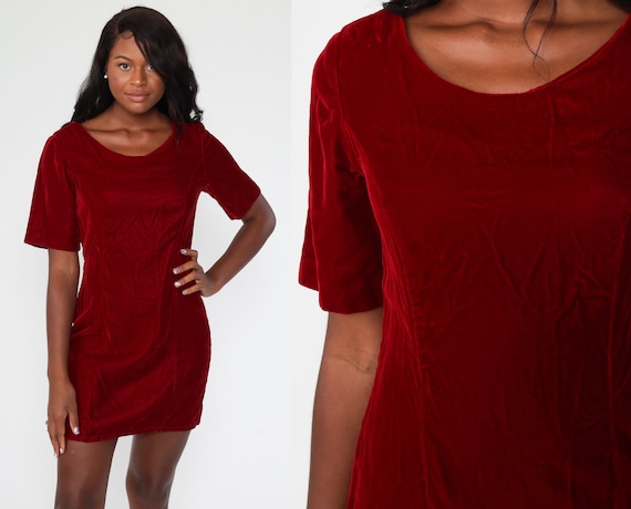 Red Velvet Mini Dress 70s Mod Party Blue Vintage Cocktail Shift 1970s Gogo 60s Formal Lolita Holiday MiniDress Small Medium