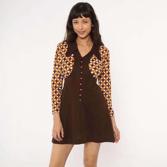 70s Mini Mod Geometric Diamond Pattern Dress Brow… - image 1