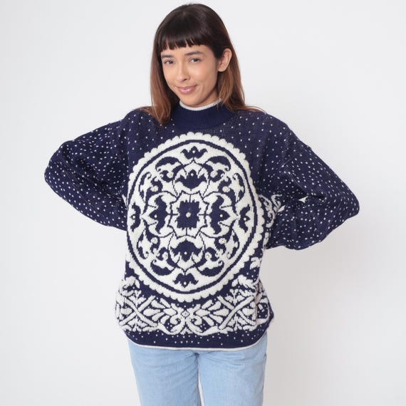 80s Winter Sweater Vintage Navy Blue White Geometric Medallion Knit Pattern Beaded Detail Pullover Textured Outdoors Camping Cabin Medium M