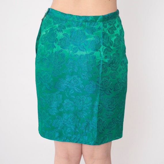 60s Floral Skirt Green Brocade Mini Skirt Blue Fo… - image 7