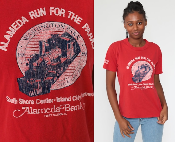 Alameda Run Shirt 80s Running T Shirt 1989 California Tshirt Running Tee Graphic Vintage 1980s Red Shirt Small Medium