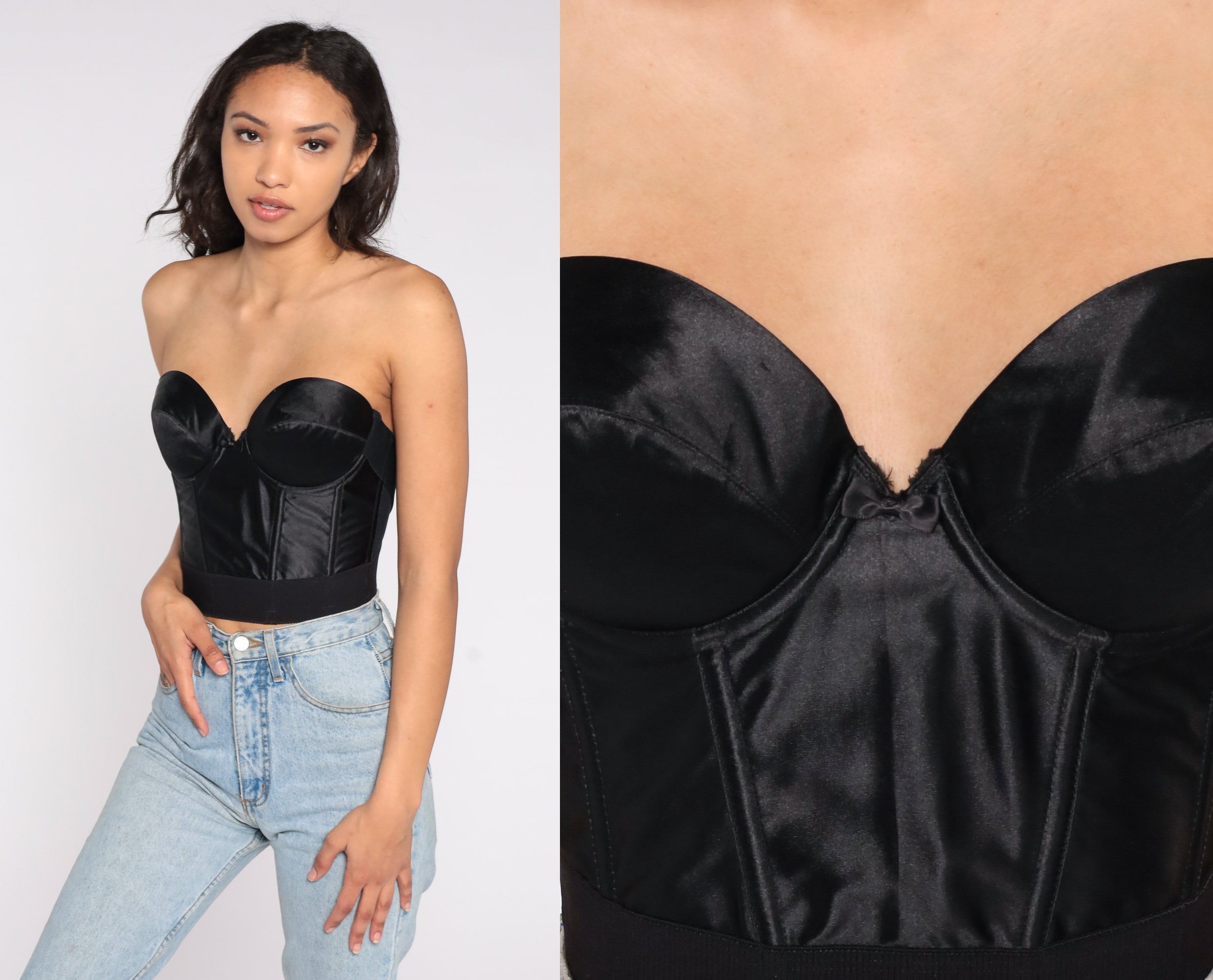 Black Corset Top 36B 90s Wonder Bra Bustier Low Back Lingerie Bra Boned  Strapless Underwire Vintage Crop Top Sweetheart Neckline 36 B 