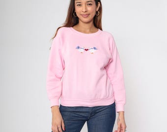 Vintage Pink Duck Sweatshirt 80s Embroidered Heart Animal Sweatshirt Raglan Sleeve Jumper Slouchy Sweat Shirt Goose Shirt 1980s Small S