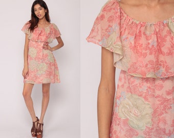 70s Boho Dress Flutter Sleeve OFF SHOULDER Mini Pink Floral Print 1970s Hippie Bohemian Vintage Shift Garden Party Summer Small Medium