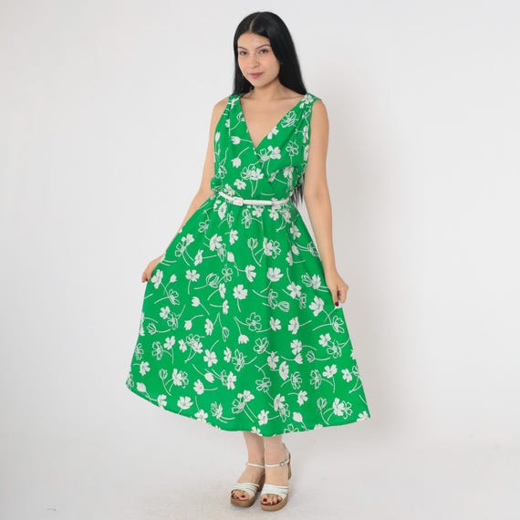 70s Floral Midi Dress Green Wrap Dress Sleeveless 1970s Vintage White Belted Summer Dress V Neck Vacation Boho High Waisted Retro Large 12