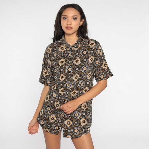 Geometric Button Up 90s Floral Blouse Collared Shirt Blue Orange Stamp Flower Print Short Sleeve Vintage Retro Earth Tones Extra Large XL