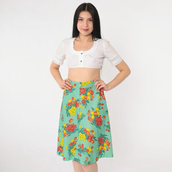 Vintage 70s Floral Midi Skirt Green Boho High Waisted 1970s Bohemian Hippie Festival Retro Knee Length Summer Skirt Small S