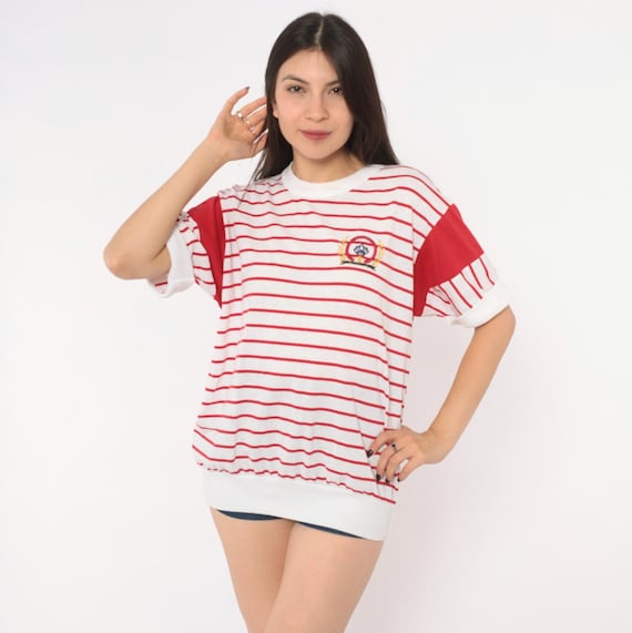 80s Nautical Striped Tee Red White Embroidered Crest Short Sleeve Boxy Preppy Colorblock Rolled Cuff Top Vacation Summer Vintage Large L