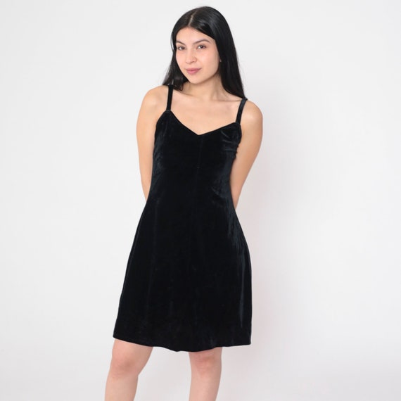 Velvet Mini Dress 90s Black Party Dress Sleeveless A Line Plain Solid Stretch Cocktail Retro Gothic Witch Minidress Vintage 1990s Medium M