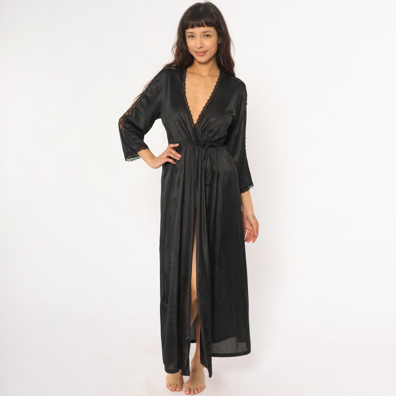 Black Lace Robe 70s Maxi Dressing Gown Wrap Front Deep V Neck Tie Waist ...