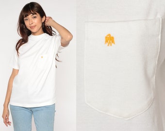 White Pocket Tee 80s Raglan Sleeve T-Shirt Embroidered Eagle Bird Plain TShirt Crest Single Stitch Tee Cotton Vintage 1980s Medium Large