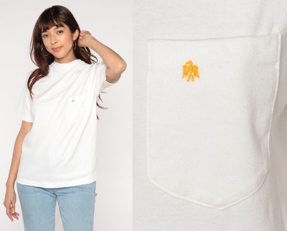 White Pocket Tee 80s Raglan Sleeve T-Shirt Embroidered Eagle Bird Plain TShirt Crest Single Stitch Tee Cotton Vintage 1980s Medium Large