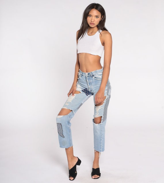 Ripped Levis Jeans Y2K Patchwork Relaxed Jeans Levi Jeans Distressed Cropped Jeans 00s Blue Destroyed Denim Pants Vintage Small xs