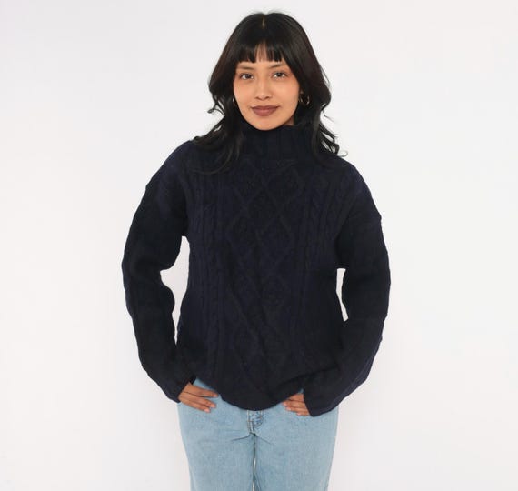 80s Arancrafts Wool Fisherman Sweater Navy Cable Knit Aran Irish Long Sleeve Dark Academia Knit Winter Ski Camping Womens Vintage Medium M