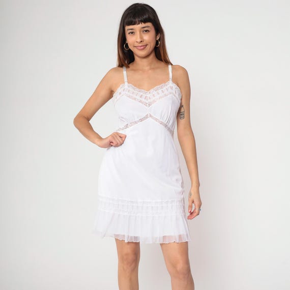 Vintage White Slip Dress 70s Embroidered Lingerie Nightgown Mini Boho Lace V Neck Empire Waist Spaghetti Strap Cutout Medium 36