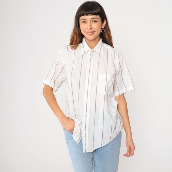 Vintage 80s White Button Up Shirt Semi-Sheer Striped Preppy Collared Chest Pocket Short Sleeve 1980s Men's 16 Large L