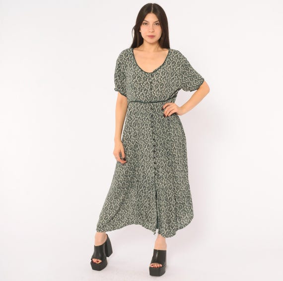 90s Ditsy Floral Midi Dress Teal Green White Short Sleeve Button Front A Line Grunge Prairie Cottagecore Garden Party Vintage Large L