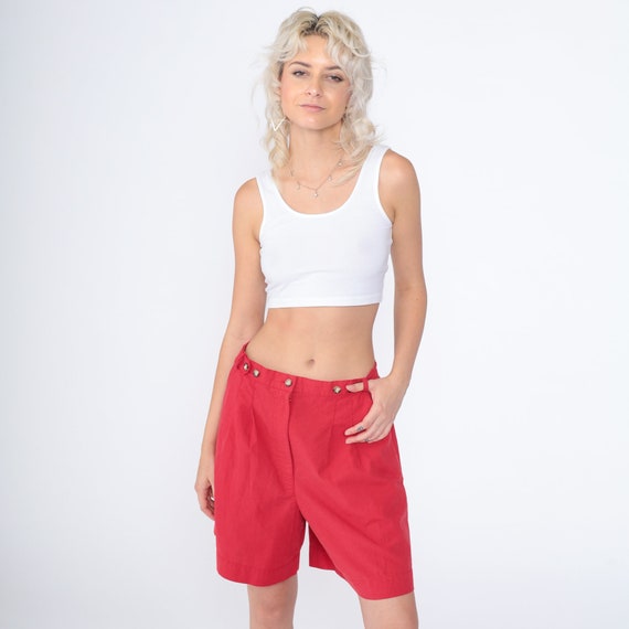 Red Pleated Shorts 90s Trouser Shorts High Waisted Rise Wide Leg Button Retro Preppy Basic Plain Pocket Vintage 1990s Medium 28 30