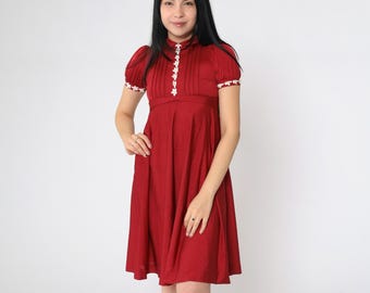 Vintage 70s Babydoll Dress 2xs Red Mod Mini Peter Pan Collar Puff Sleeve Dolly Dress Lace Trim Empire Waist 1970s Minidress xxs Petite