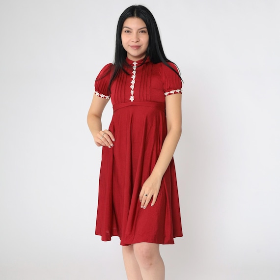 Vintage 70s Babydoll Dress 2xs Red Mod Mini Peter Pan Collar Puff Sleeve Dolly Dress Lace Trim Empire Waist 1970s Minidress xxs Petite