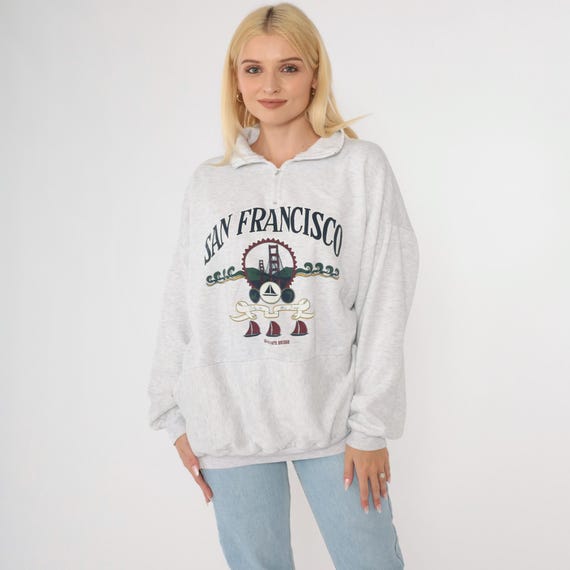 90s San Francisco Sweatshirt Quarter Zip Sweatshirt Golden Gate Bridge California Sweater Nautical Sailboat Heather Grey Vintage 1990s XXL
