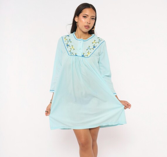 Embroidered Floral Nightgown 80s Baby Blue Babydoll Sleep Shirt Sears Button Front Three Quarter Sleeve Gathered Yoke Mini Dress Small S
