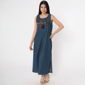 Vintage 90s Denim Dress Floral Embroidered Patchwork Jean Dress Ankle Length Dress Slit 1990s Grunge Blue Sleeveless Petite Medium M