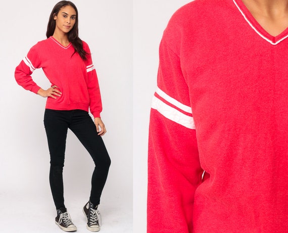 V Neck Sweatshirt Red Sweatshirt 80s Sweatshirt Striped Sweatshirt Long Sleeve Shirt Retro Slouchy 1980s Top Vintage Hipster Small Medium