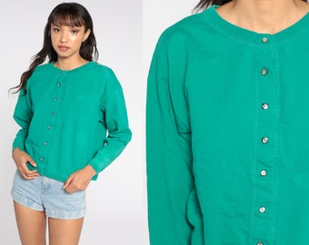 Green Cardigan Sweatshirt 80s 90s Button Up Sweatshirt Slouchy Sweatshirt Vintage Plain Retro Long sleeve Large