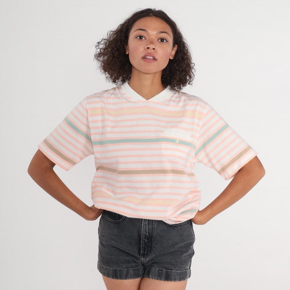 Striped T-Shirt 90s Izod Shirt Peach Pink Retro V Neck Tee White Basic Short Sleeve Top Lacoste Chest Pocket Vintage 1990s Medium M