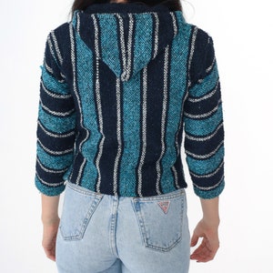90s Blue Baja Hoodie 2xs Mexican Striped Drug Rug Sweatshirt Cropped Hippie Boho Hooded Blanket Bohemian Kangaroo Pocket 1990s xxs zdjęcie 5