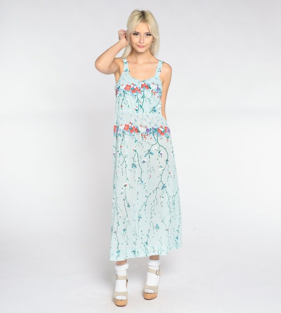 Baby Blue Floral Dress 70s Asian Inspired Blossom… - image 3