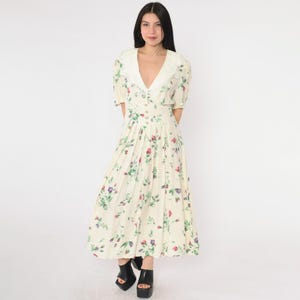 Vintage 90s Cream Floral Print Dress Ankle Length Deep V Neck Lace Collar Pleated Skirt 1990s Romantic Puff Sleeve Cottagecore Medium M