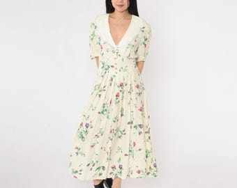 Vintage 90s Cream Floral Print Dress Ankle Length Deep V Neck Lace Collar Pleated Skirt 1990s Romantic Puff Sleeve Cottagecore Medium M