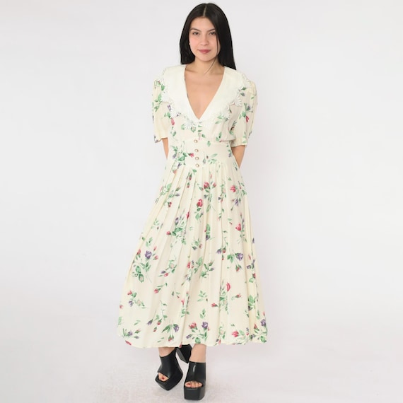 Vintage 90s Cream Floral Print Dress Ankle Length Deep V Neck Lace Collar Pleated Skirt 1990s Romantic Puff Sleeve Cottagecore Medium M
