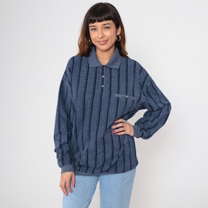 Striped Henley Sweater 90s Navu Blue Button Up Knit Pullover Sweater Sweater Retro Slouchy Crewneck Preppy Acrylic Vintage 1990s Large L